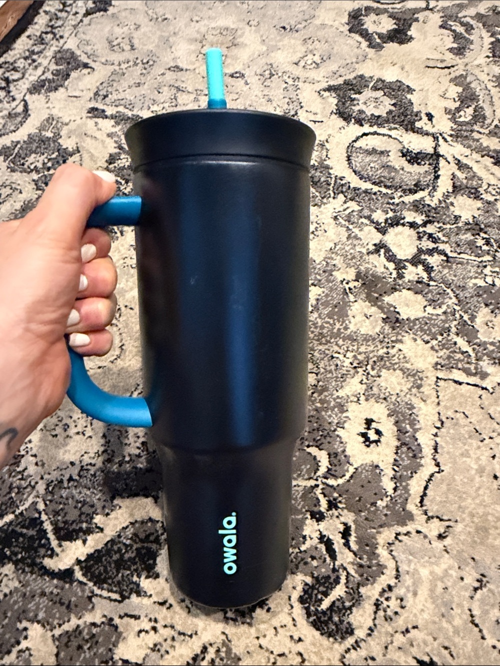 Owala Large Black Travel Tumbler with Blue Handle & Straw